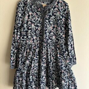 J. Crew Navy Blue White Floral Print Tiered Dress Long Sleeve Size Medium